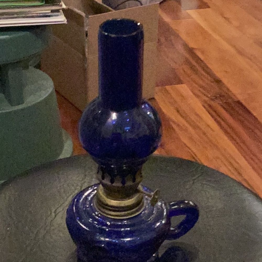 Vintage 1950s Cobalt Blue Glass Kerosene Oil Finger Lamp, Made in Hong Kong
